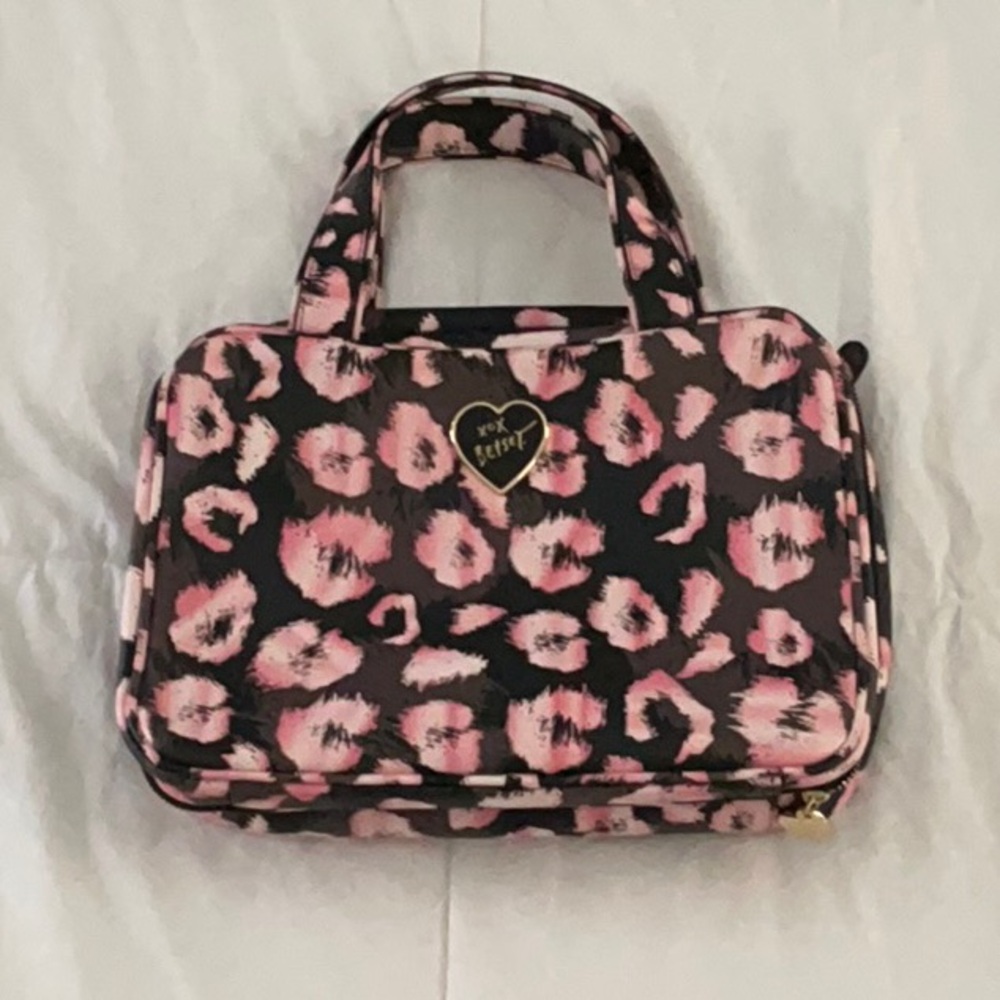 Betsey Johnson Pink and Black Cosmetic Bag with Leopard Print